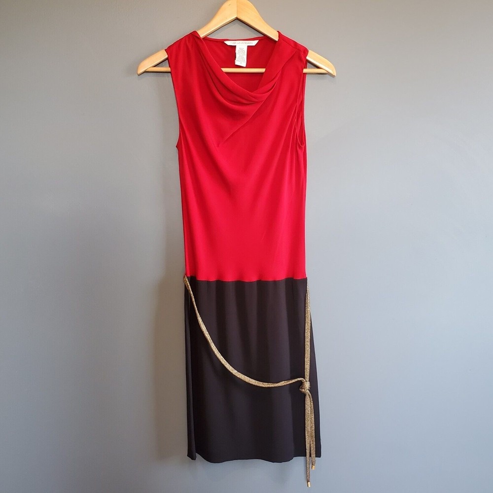 Diane von Furstenberg Women's Red Black Crista Colorblock Silk Dress Sz 0